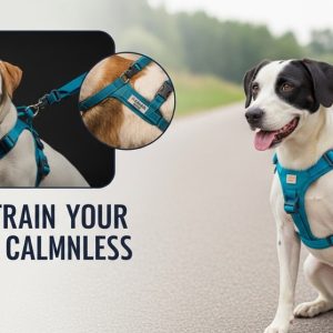 Dog walking calmly beside owner using a no-pull harness