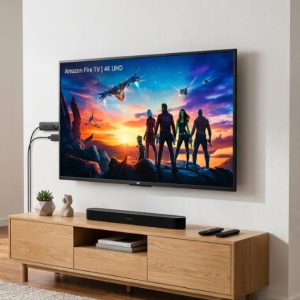 Amazon Fire TV Stick plugged into a Mi smart television displaying 4K content.